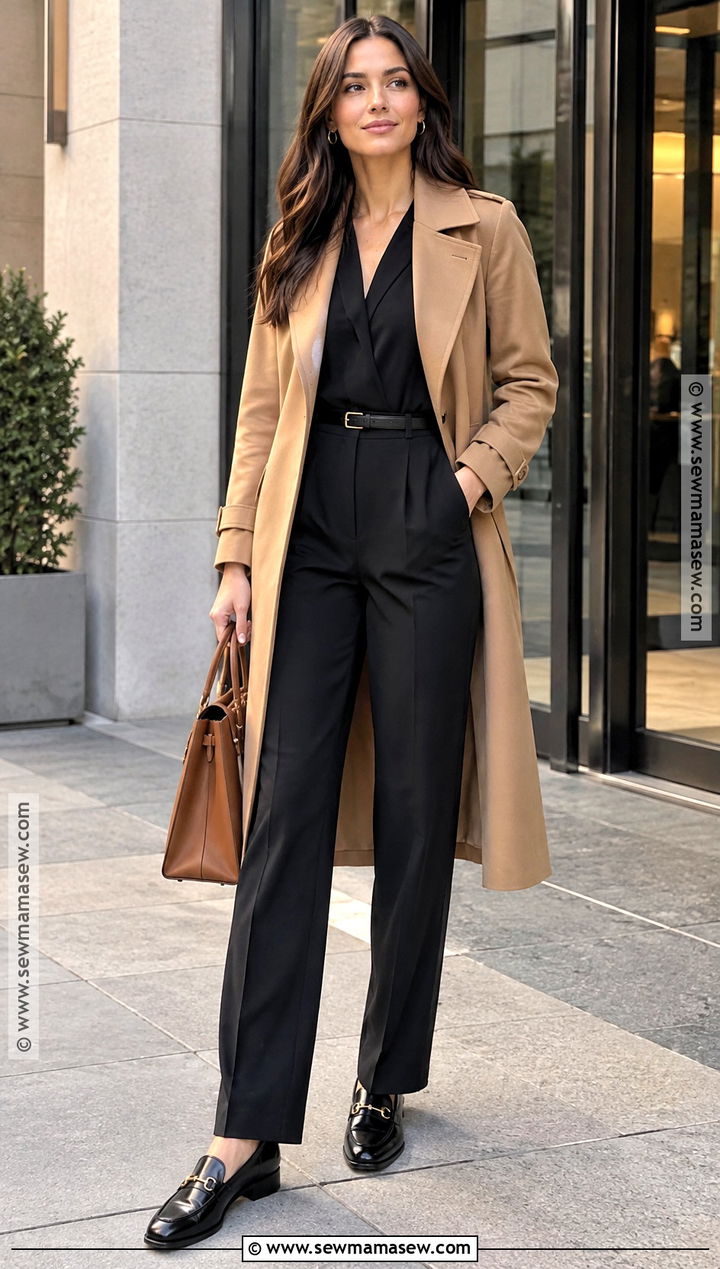 Black Jumpsuit With Camel Trench Coat And Loafers - 20 black jumpsuit outfit fall ideas