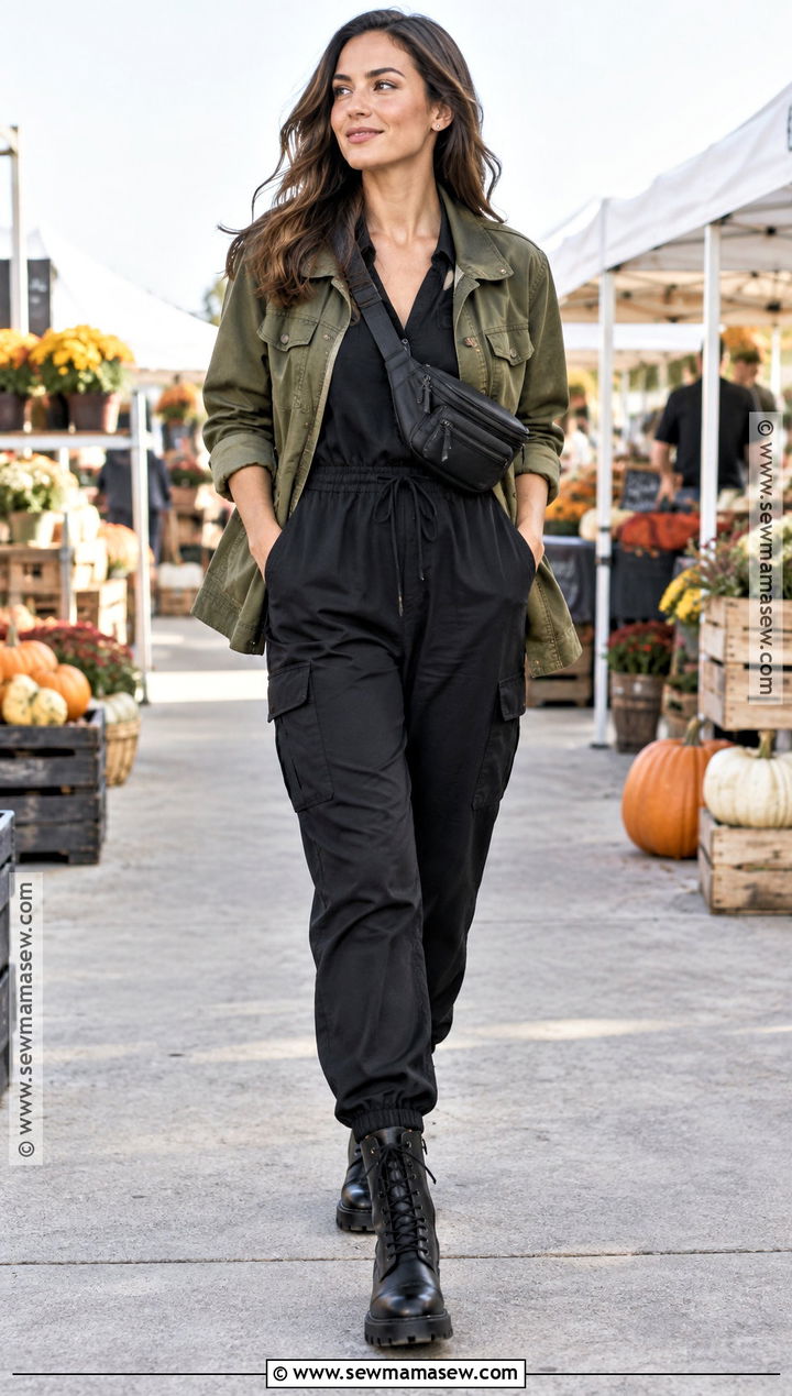 Black Jumpsuit With Utility Jacket And Combat Boots - 20 black jumpsuit outfit fall ideas
