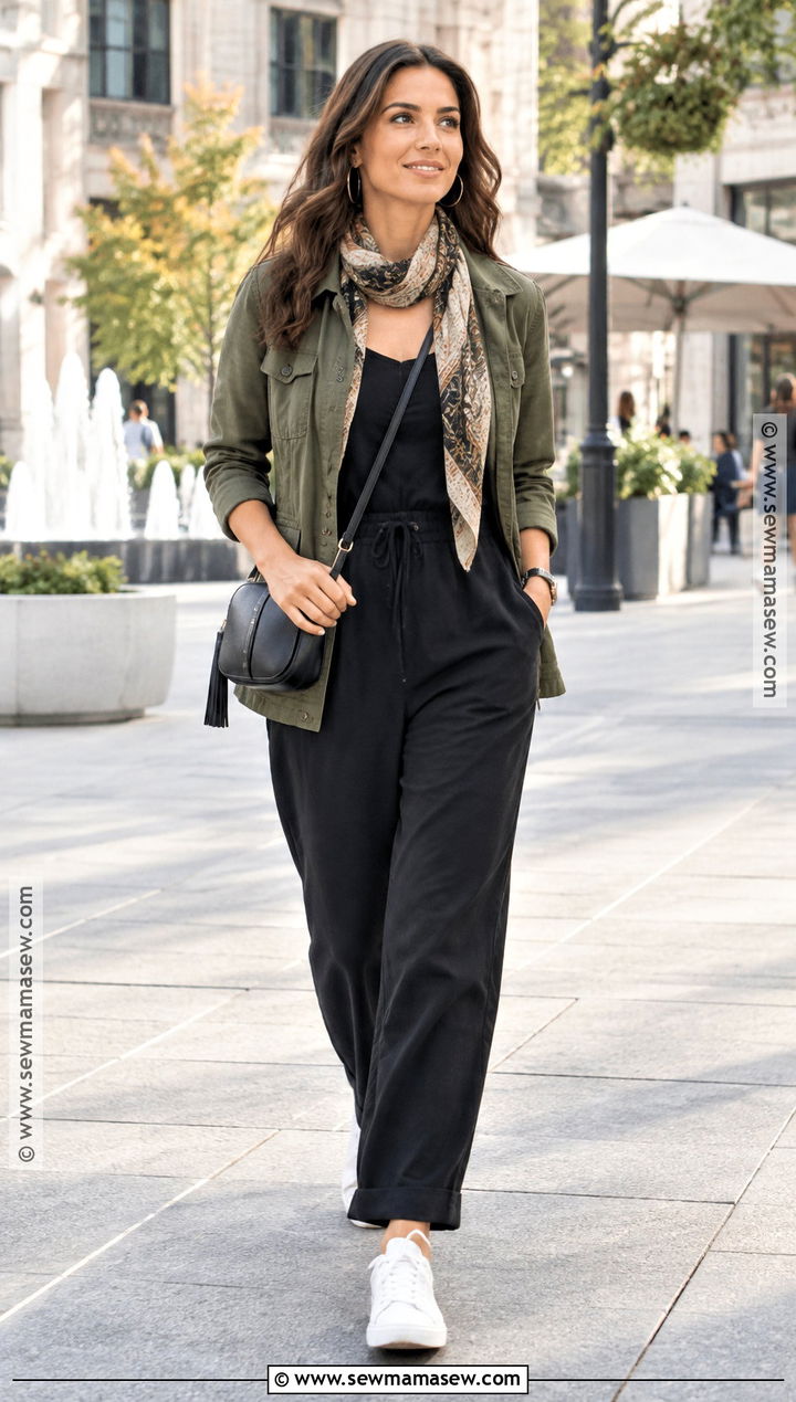 Black Jumpsuit With Utility Jacket - 25 fall vacation outfits