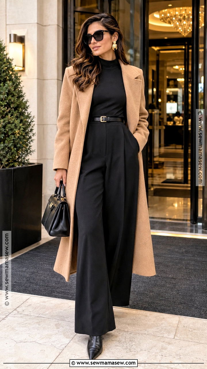 Black Jumpsuit and Camel Coat Fall Brunch Outfit - 20 brunch outfit ideas fall classy chic