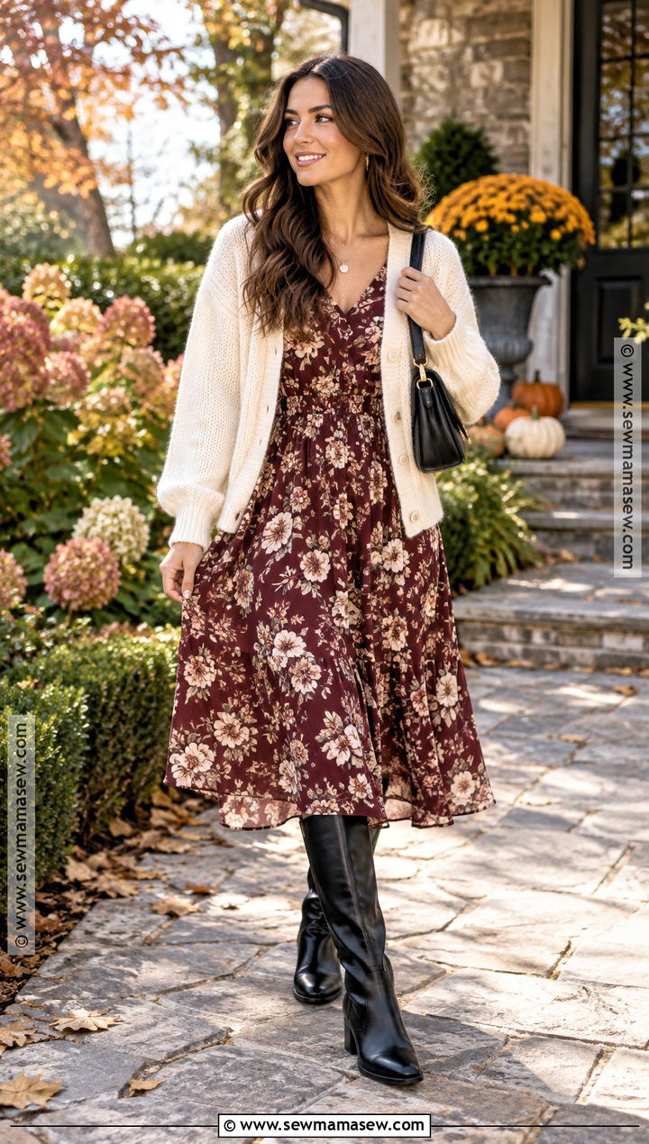 Black Knee High Boots With A Floral Midi Dress And Cardigan - 15 black knee-high boots fall fashion