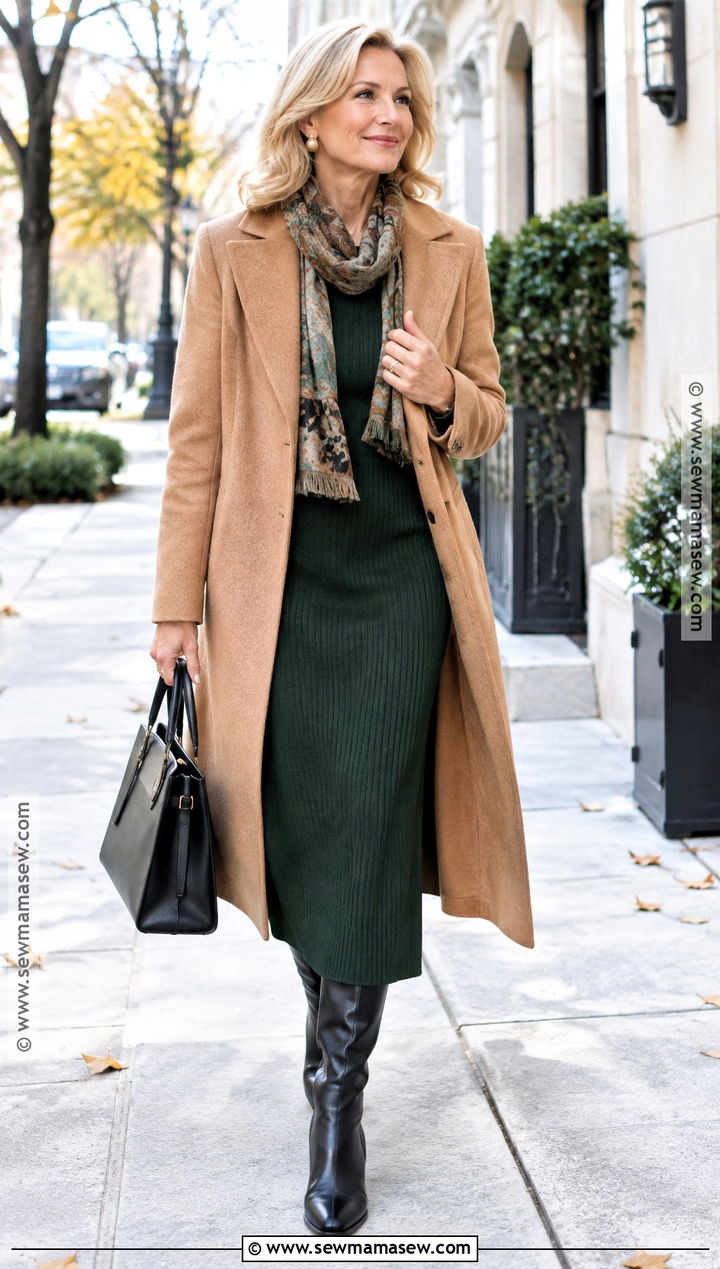 Black Knee High Boots With A Knit Midi Dress And Wool Coat - 15 black knee-high boots fall fashion