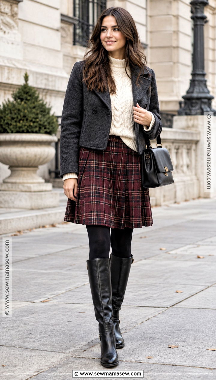 Black Knee High Boots With A Plaid Skirt And Cable Knit Sweater - 15 black knee-high boots fall fashion