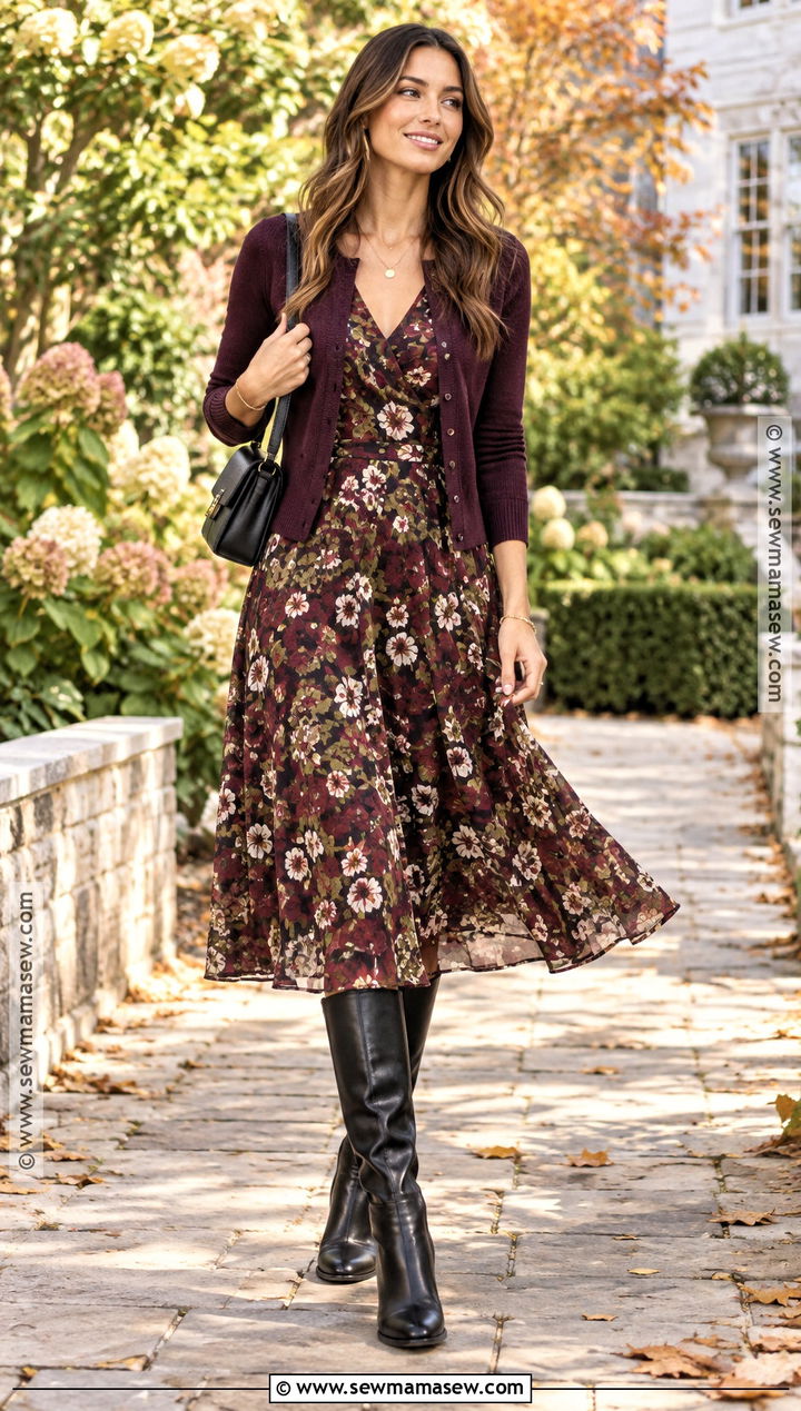 Black Knee High Boots With Floral Midi Dress - 20 black knee high boots outfit fall