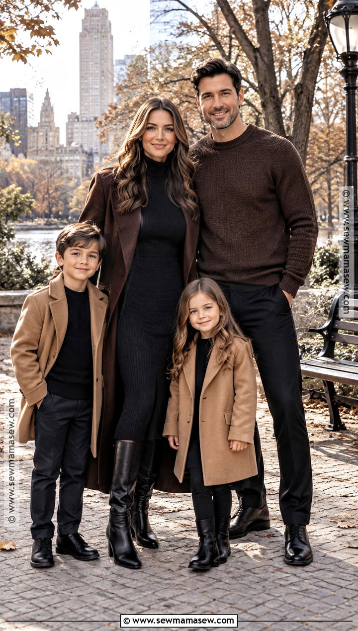 Black Knit Dress And Chocolate Coat Family Outfit - 15 fall family pictures outfits black and brown