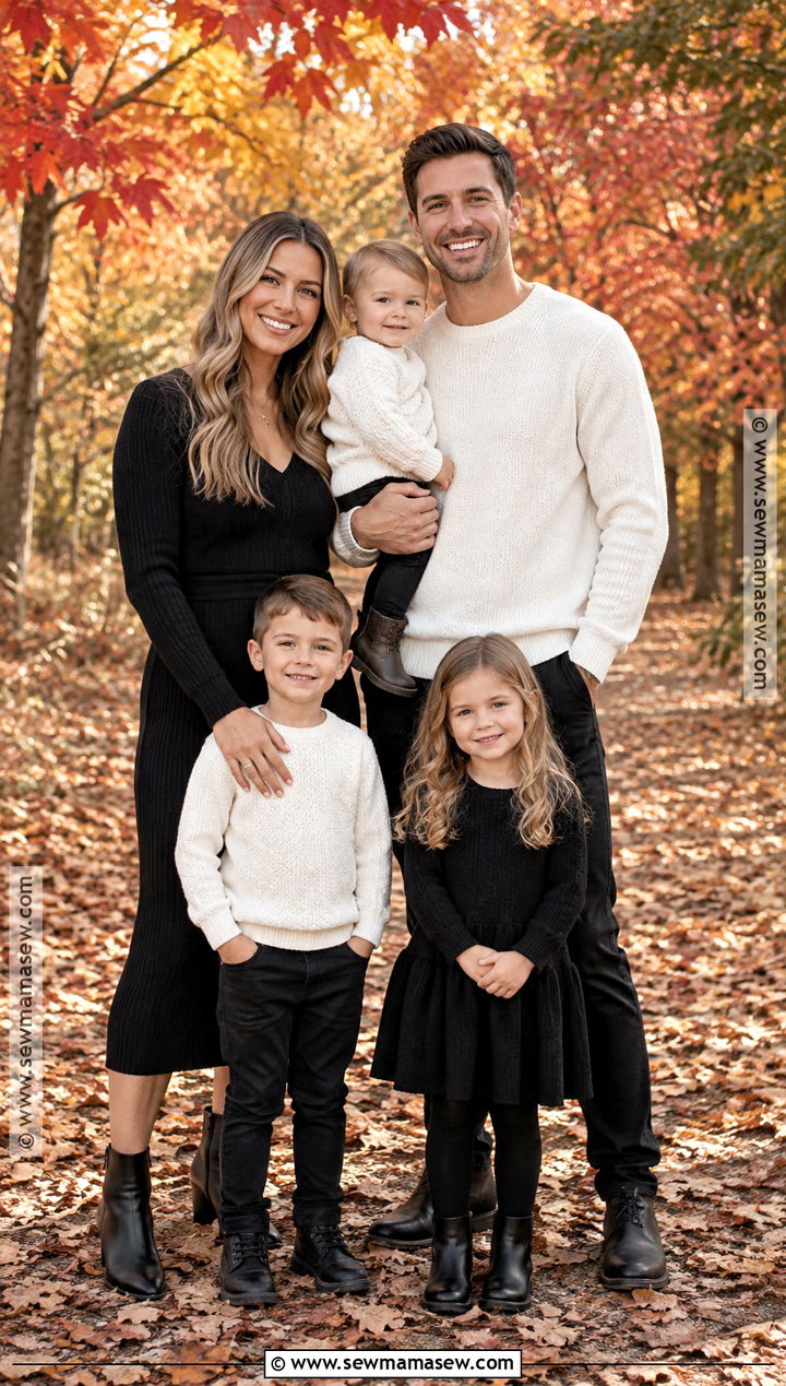 Black Knit Dress And White Sweater Family Outfit - 15 Fall Family Photos Black And White Outfits