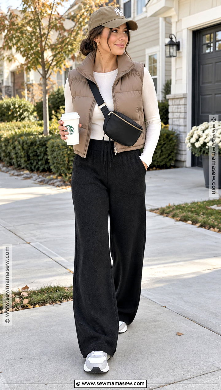 Black Knit Pants With Puffer Vest And Sneakers - 20 black pants outfit autumn