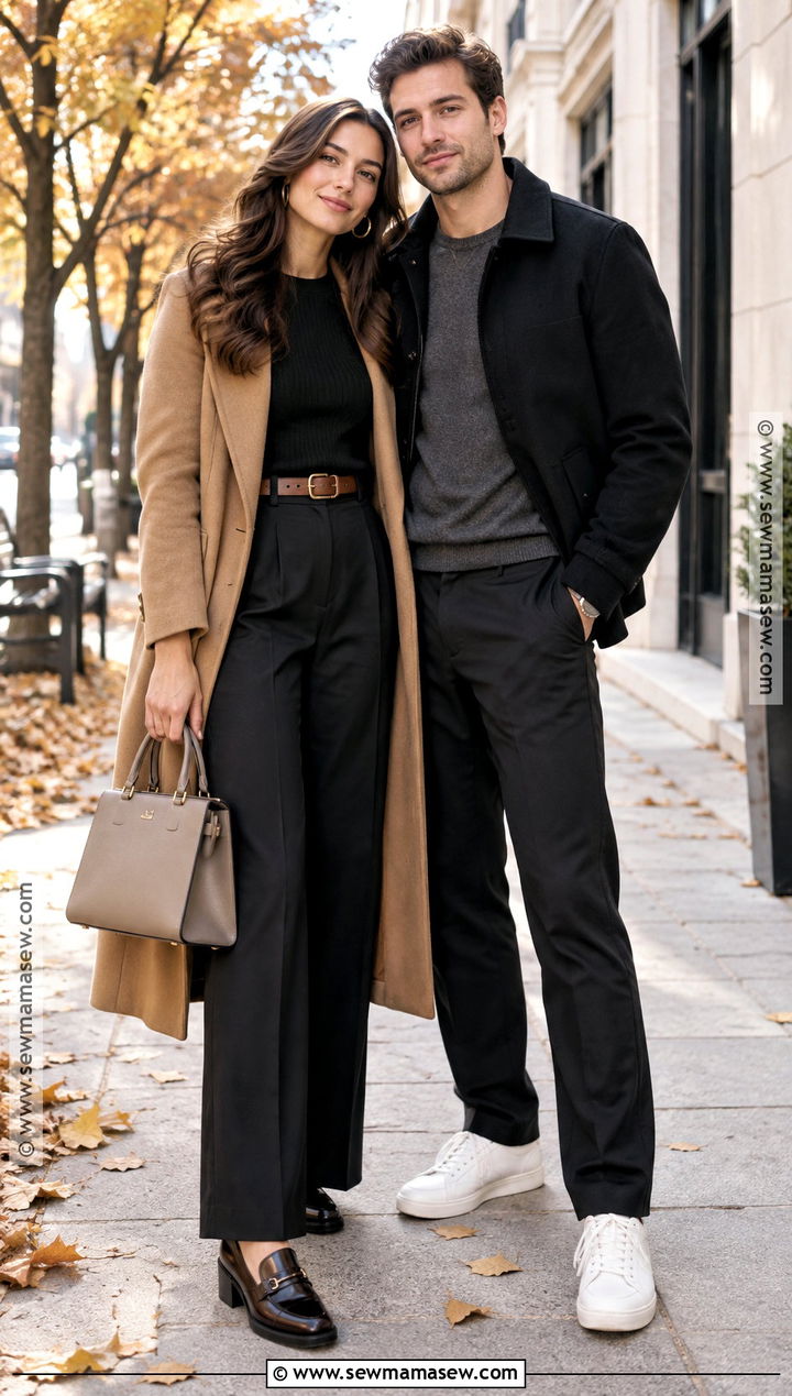 Black Knit Sweater And Wide Leg Pants - 15 fall engagement pictures black outfit ideas