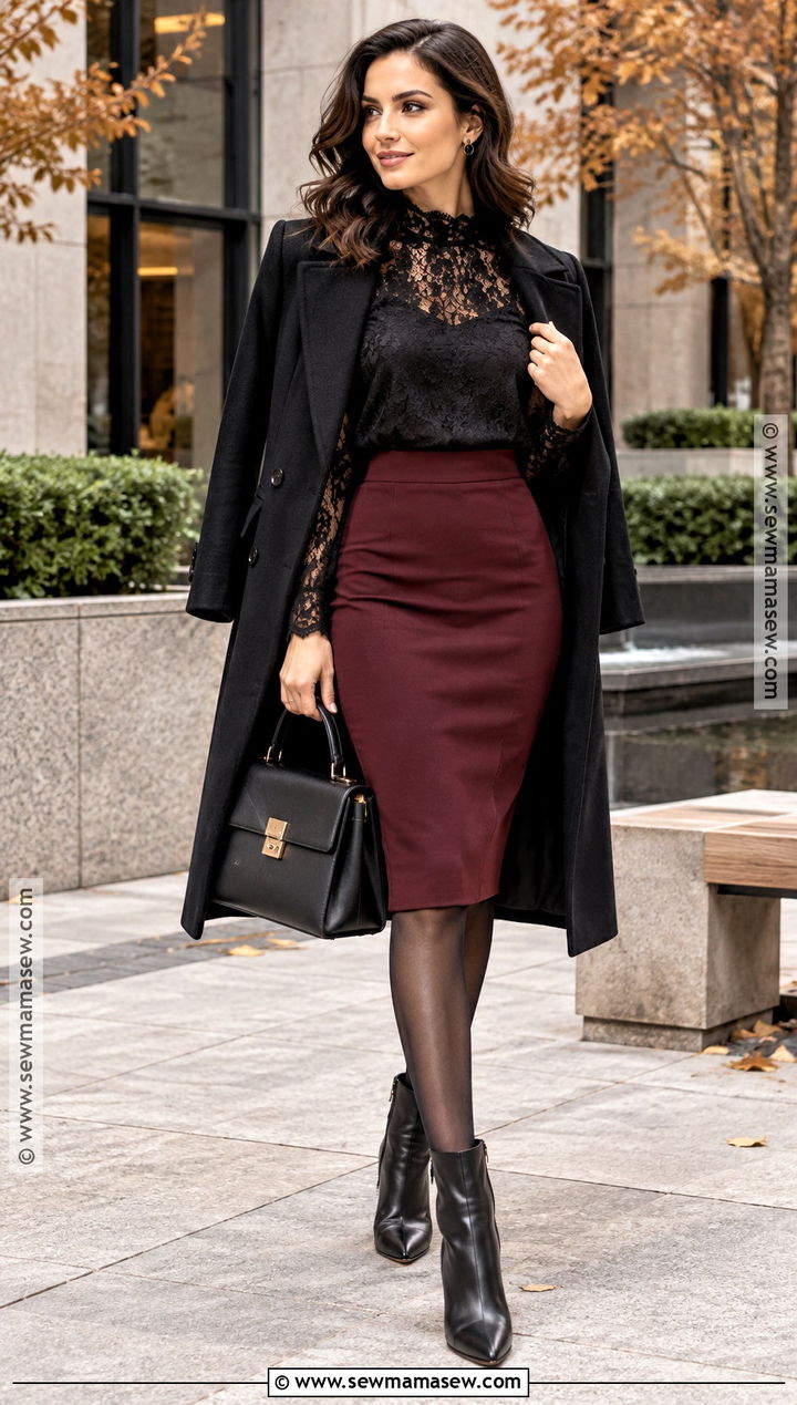 Black Lace Blouse And Pencil Skirt Fall Outfit - 15 femme fatale fall outfit ideas