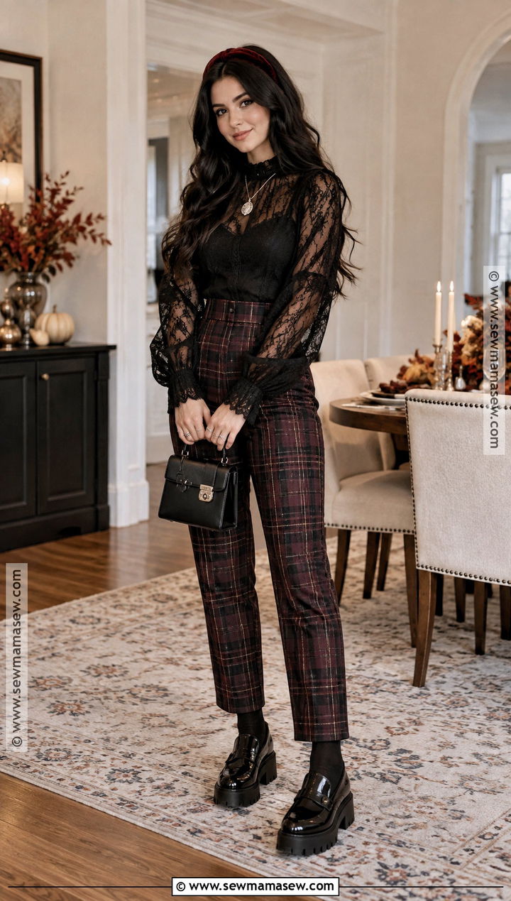 Black Lace Blouse And Plaid Pants Goth Outfit - 15 thanksgiving outfit goth ideas