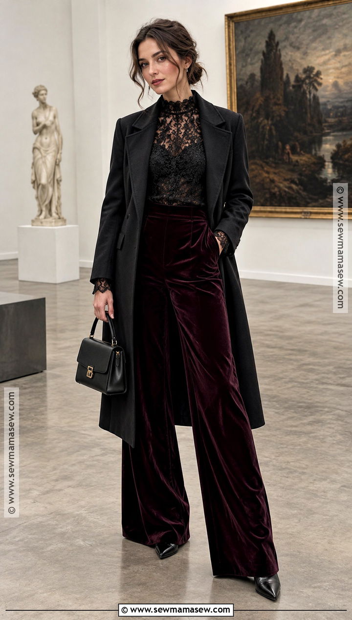 Black Lace Blouse And Velvet Pants Outfit - 20 dark fall aesthetic outfits