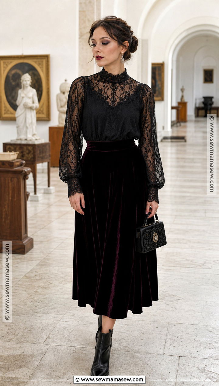 Black Lace Blouse And Velvet Skirt Witch Outfit - 50 witch outfit ideas