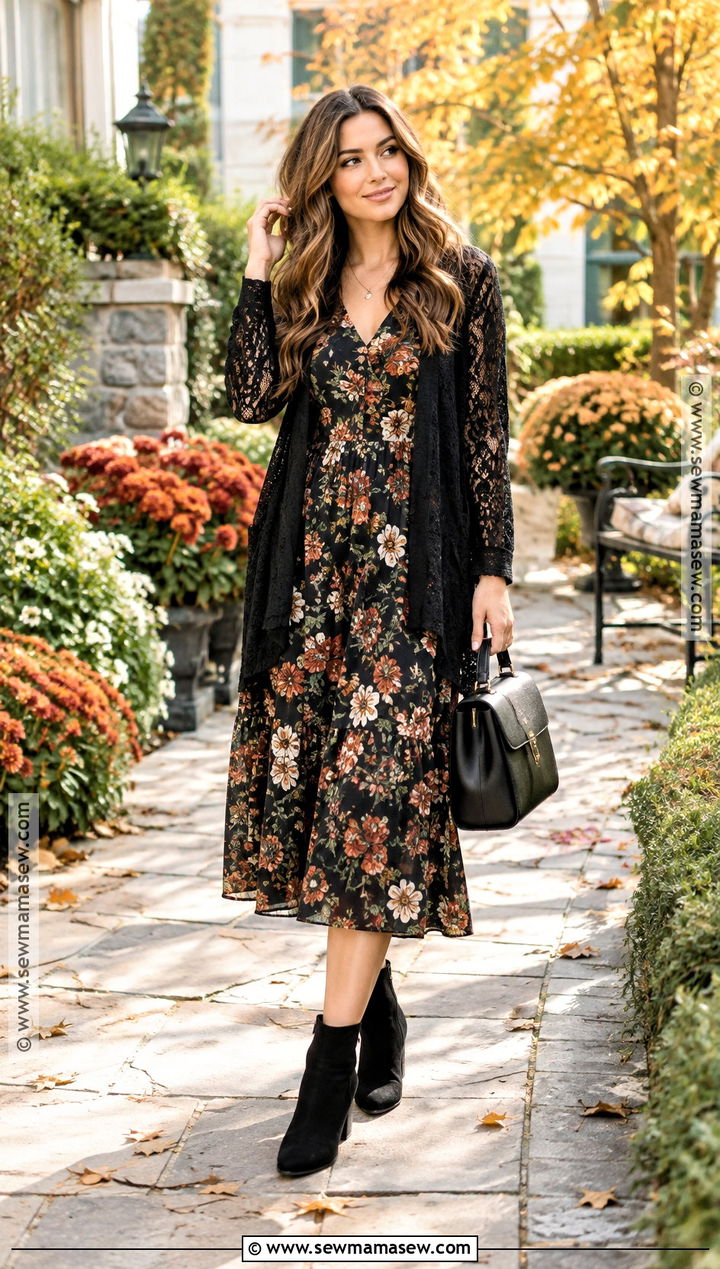 Black Lace Cardigan Over a Floral Midi Dress - 15 Black Lace Cardigan Fall Ideas
