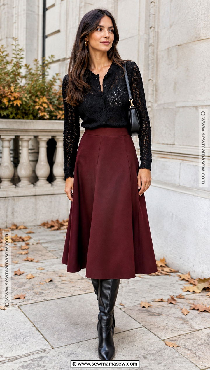 Black Lace Cardigan With Burgundy Midi Skirt - 15 Black Lace Cardigan Fall Ideas