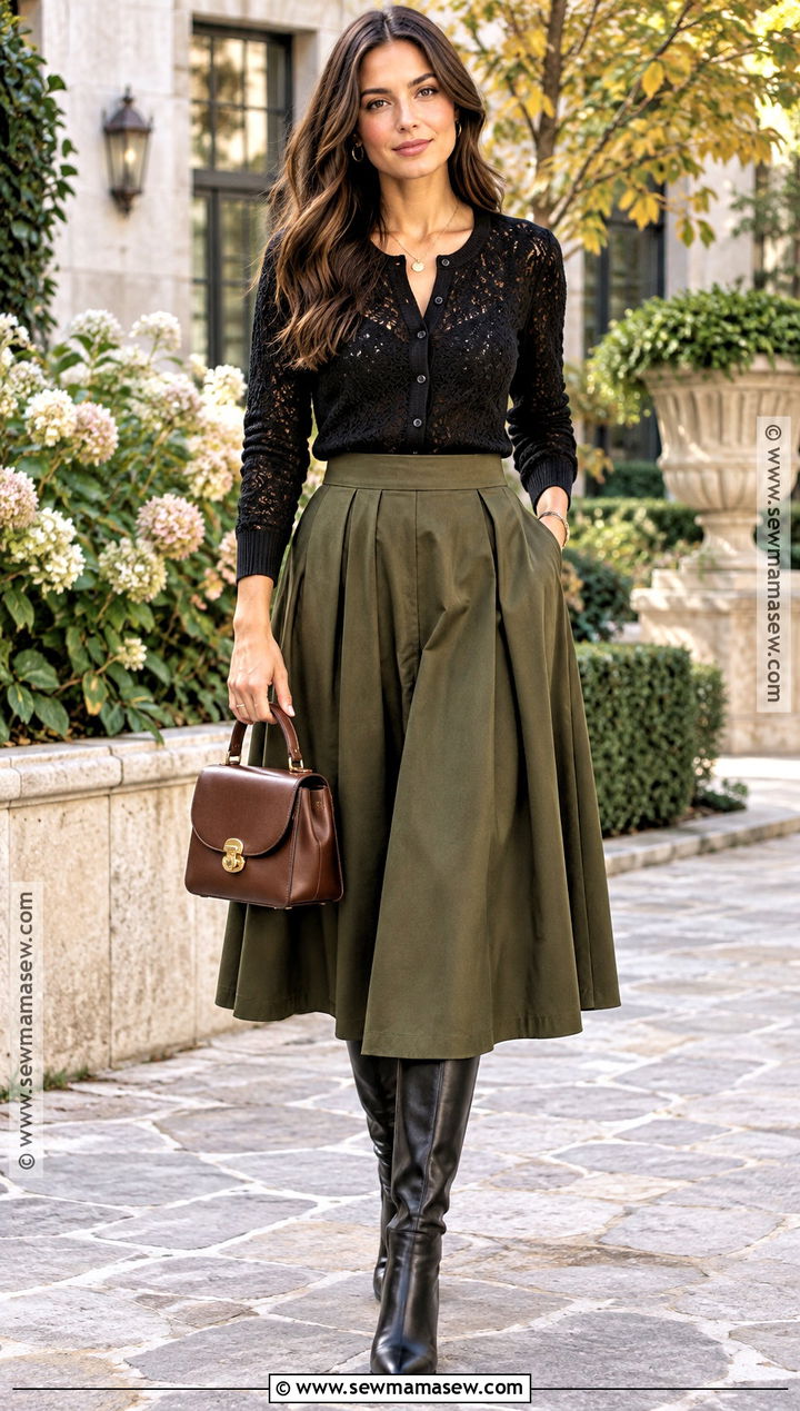 Black Lace Cardigan With Olive Midi Skirt - 15 Black Lace Cardigan Fall Ideas