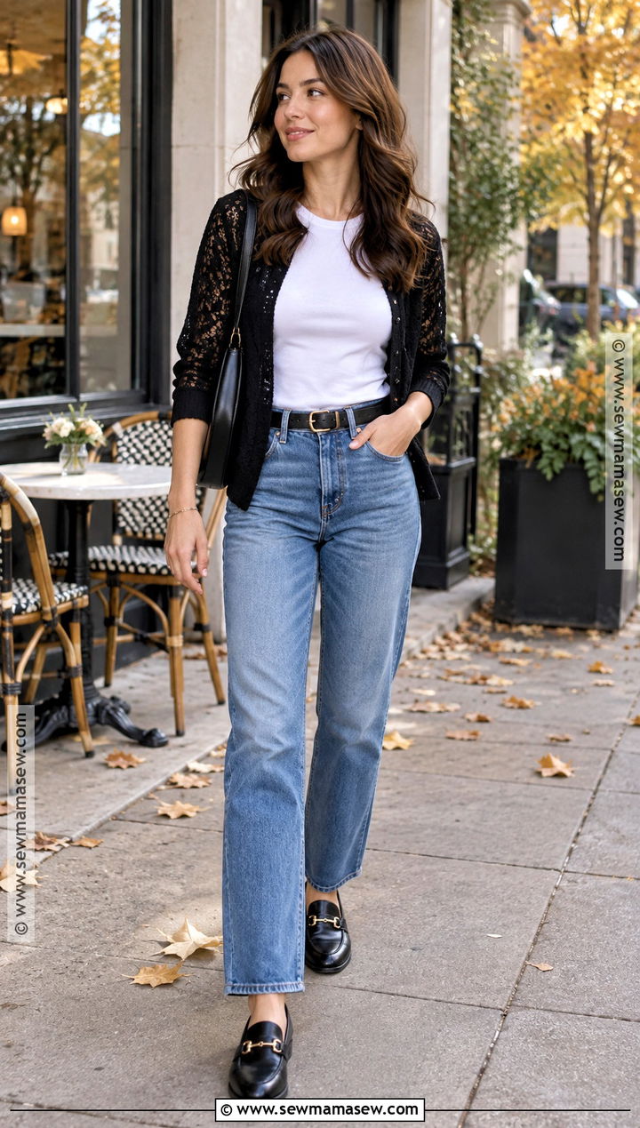 Black Lace Cardigan With White T Shirt and Jeans - 15 Black Lace Cardigan Fall Ideas