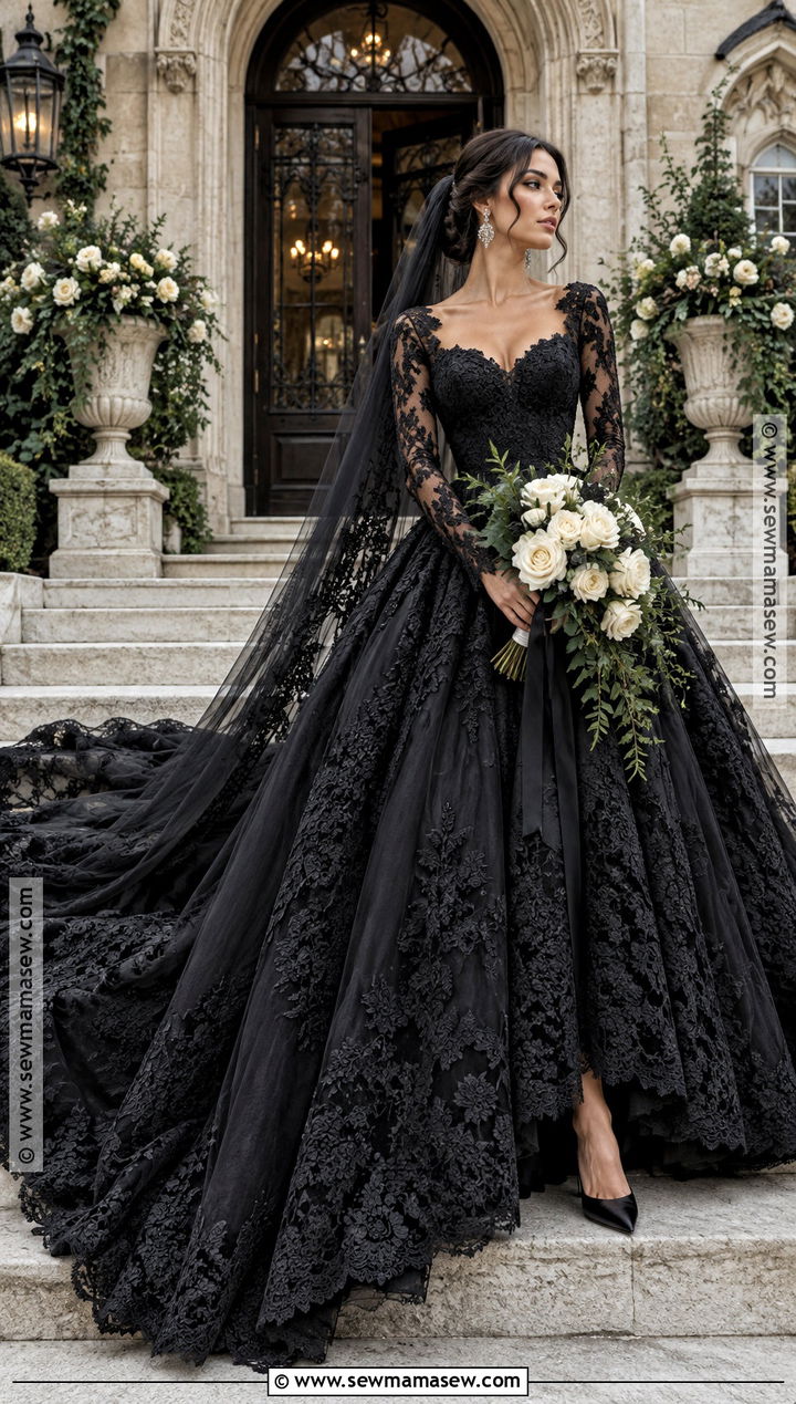 Black Lace Fall Wedding Dress - 20 fall color wedding dress ideas