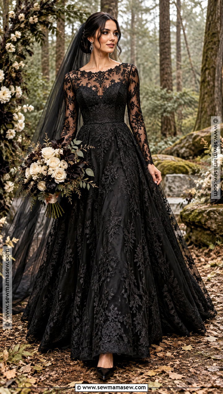 Black Lace Fall Wedding Dress - 15 Fall Theme Wedding Dress Ideas