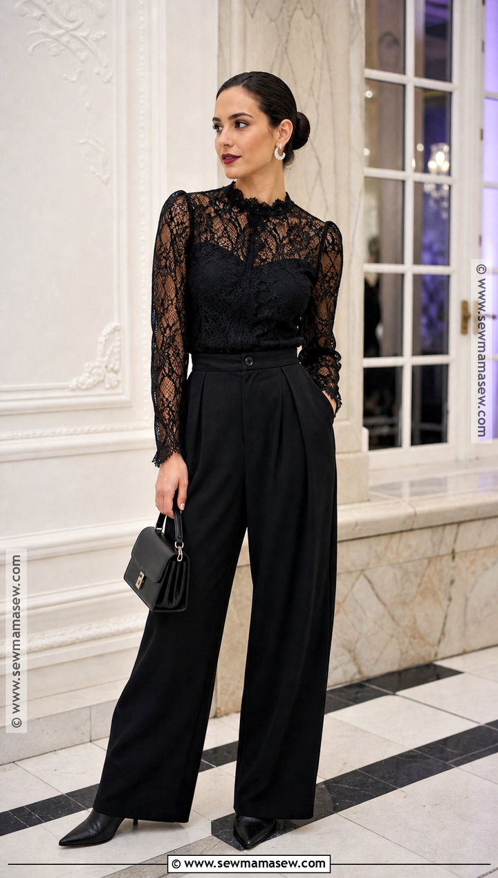 Black Lace Halloween Outfit With Wide Leg Pants - 30 Halloween Fashion Ideas