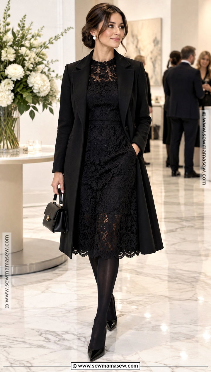 Black Lace Long Sleeve Dress With Pumps - 15 Fancy Fall Dresses