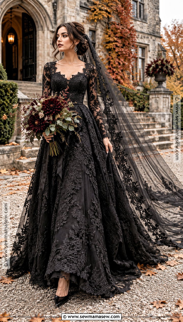 Black Lace Long Sleeve Gothic Wedding Dress - 15 Gothic Fall Wedding Dress Ideas