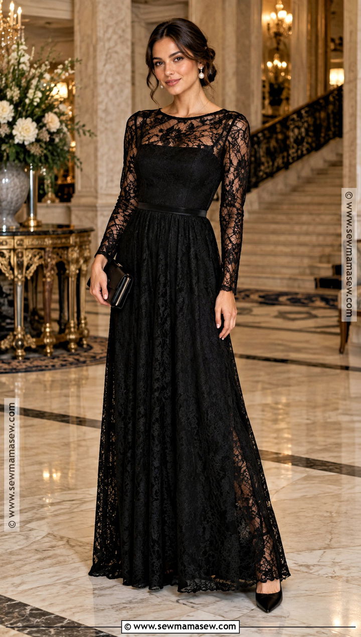 Black Lace Long Sleeve Gown - 25 black tie wedding guest dress fall ideas