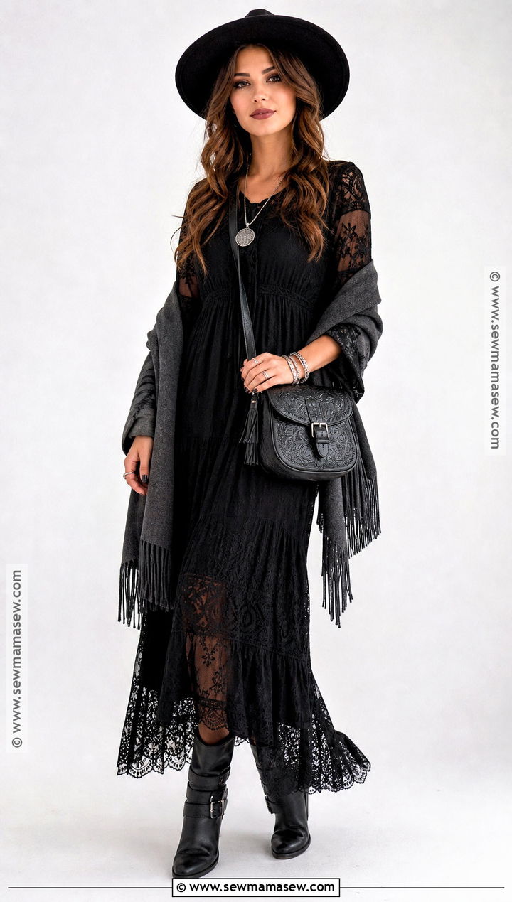 Black Lace Maxi Dress Boho Witch Outfit - 30 Boho Witch Outfits