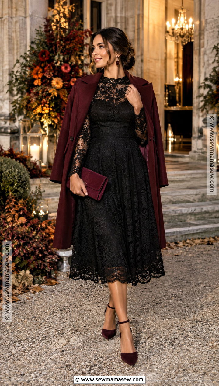 Black Lace Midi Dress And Burgundy Accessories Wedding Guest Outfit - 25 outdoor fall wedding guest outfit ideas