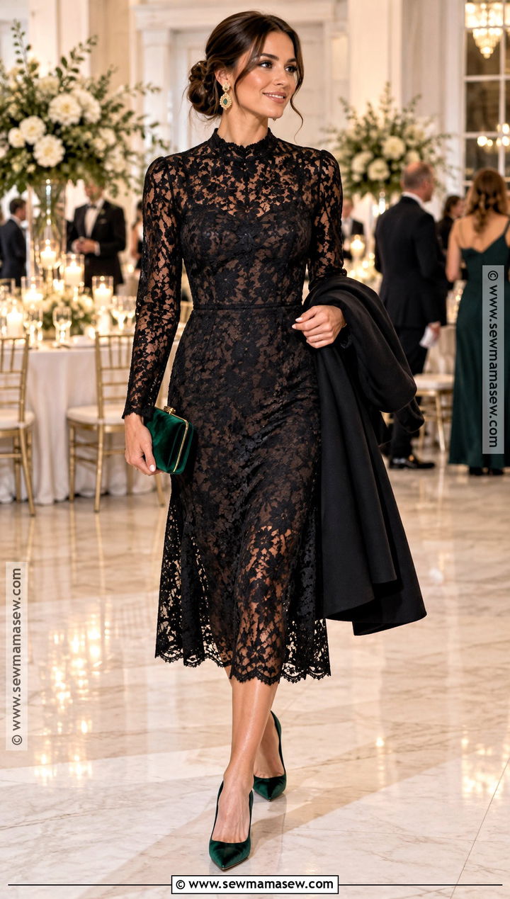 Black Lace Midi Dress Fall Wedding Guest Outfit - 20 fall wedding guest attire ideas