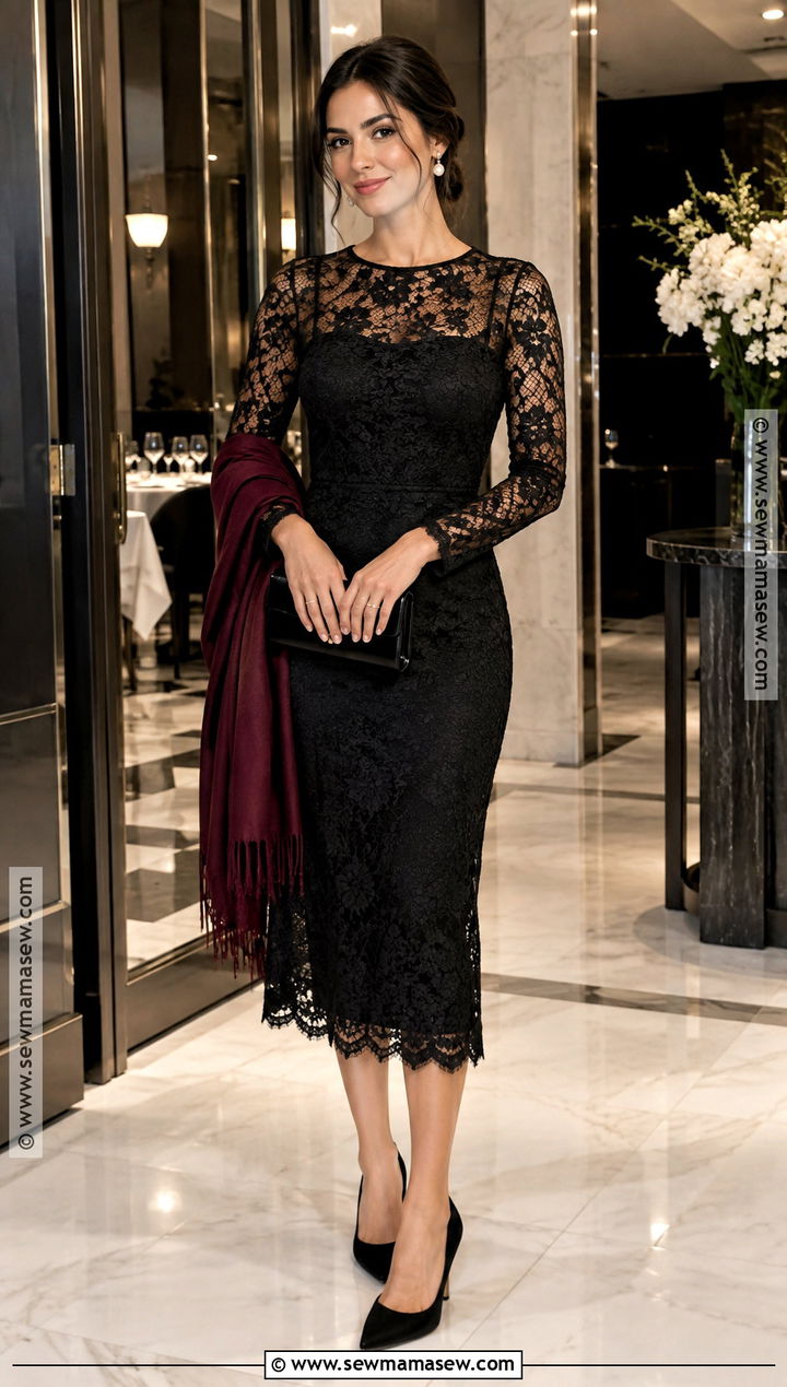 Black Lace Midi Dress Outfit - 20 fall cocktail attire ideas