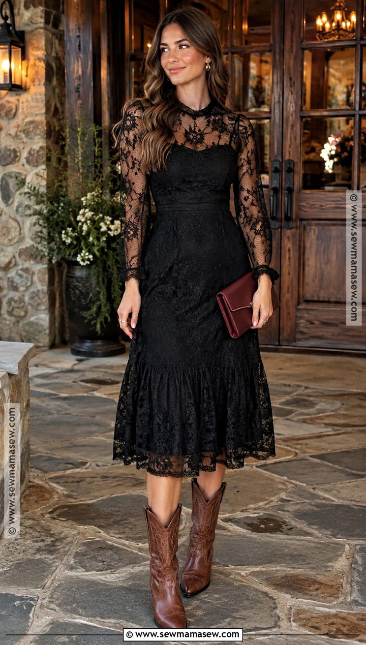 Black Lace Midi Dress With Cowboy Boots - 15 dress with cowboy boots wedding guest fall