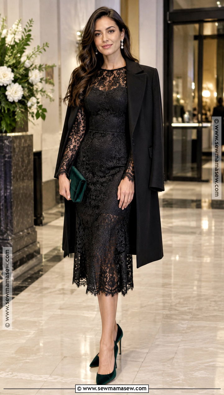 Black Lace Midi Dress With Jewel Tone Heels For October Wedding - 15 october wedding party attire ideas