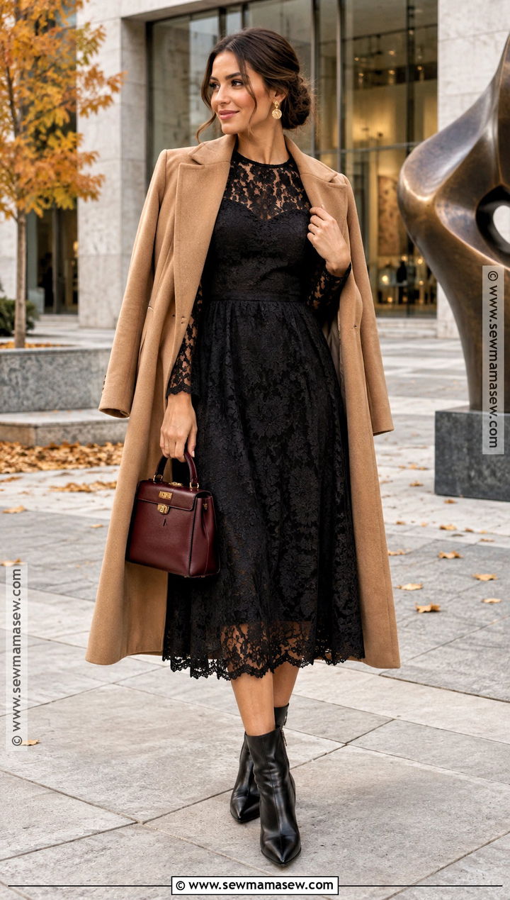 Black Lace Midi Dress With Leather Boots - 15 Fall Themed Dresses