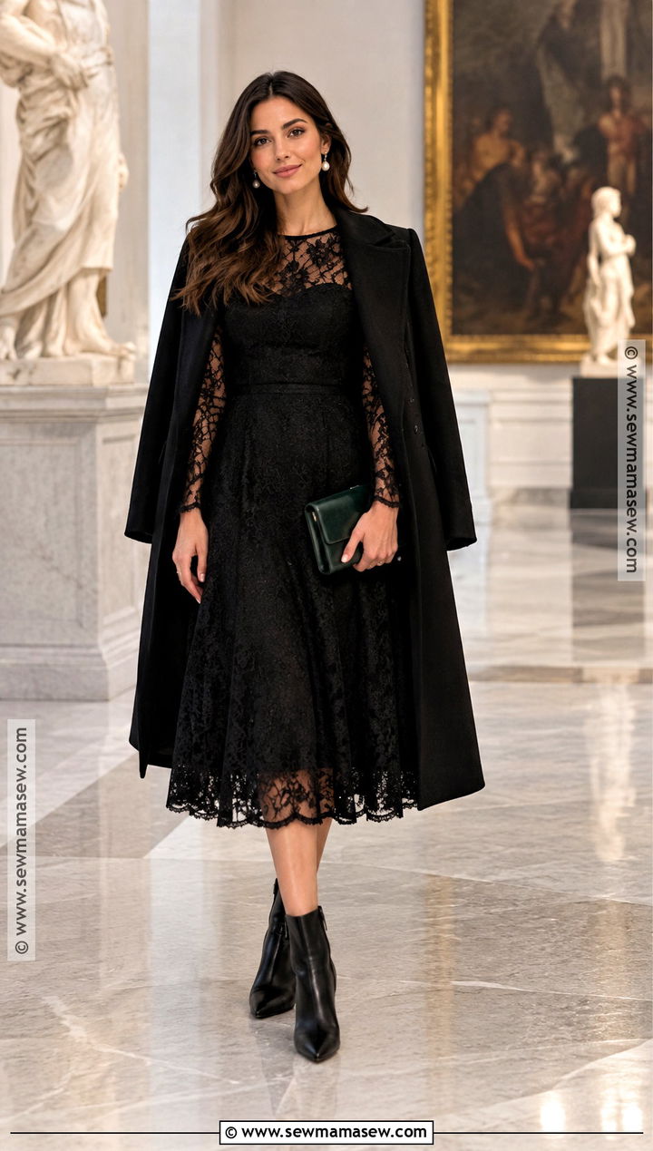 Black Lace Midi Dress With Pointed Toe Boots - 20 Fall Wedding Guest Dress With Boots