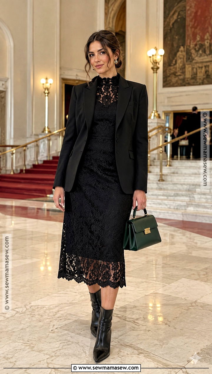 Black Lace Midi Dress With Tailored Blazer - 30 fall dresses