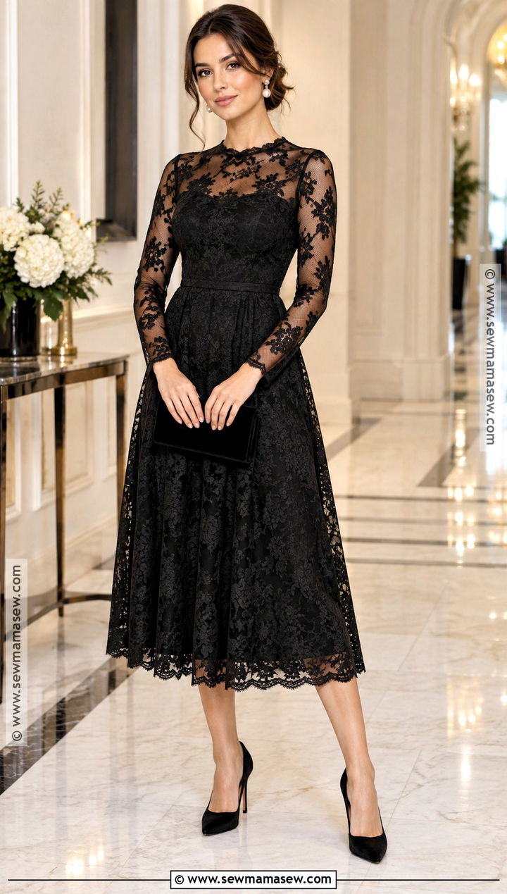 Black Lace Midi Dress With Velvet Clutch - 25 fall formal outfits
