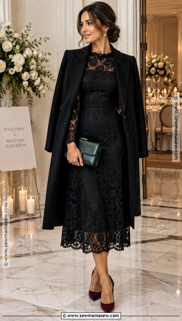 Black Lace Midi Fall Wedding Outfit - 15 fall wedding guests outfits