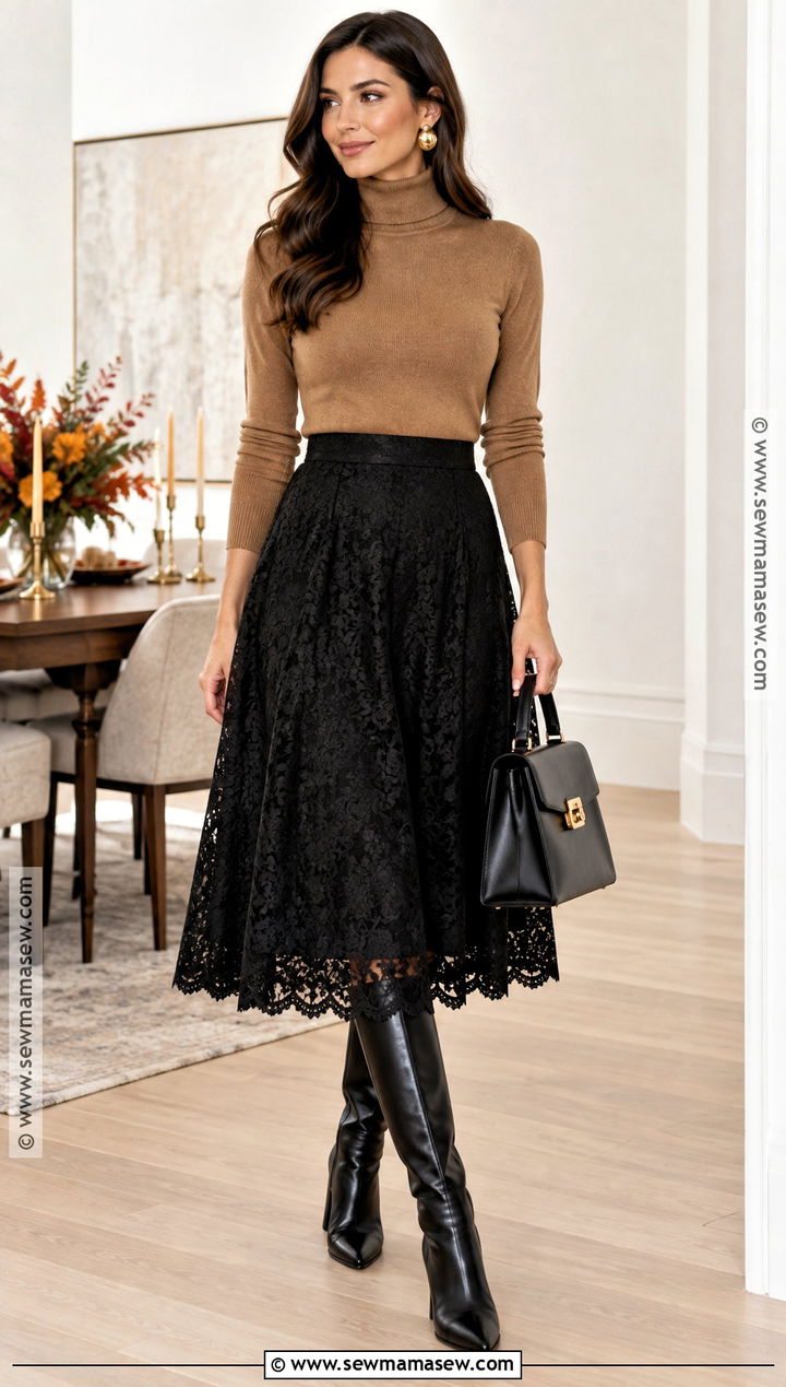 Black Lace Midi Skirt With Turtleneck - 20 Thanksgiving Lace Styles