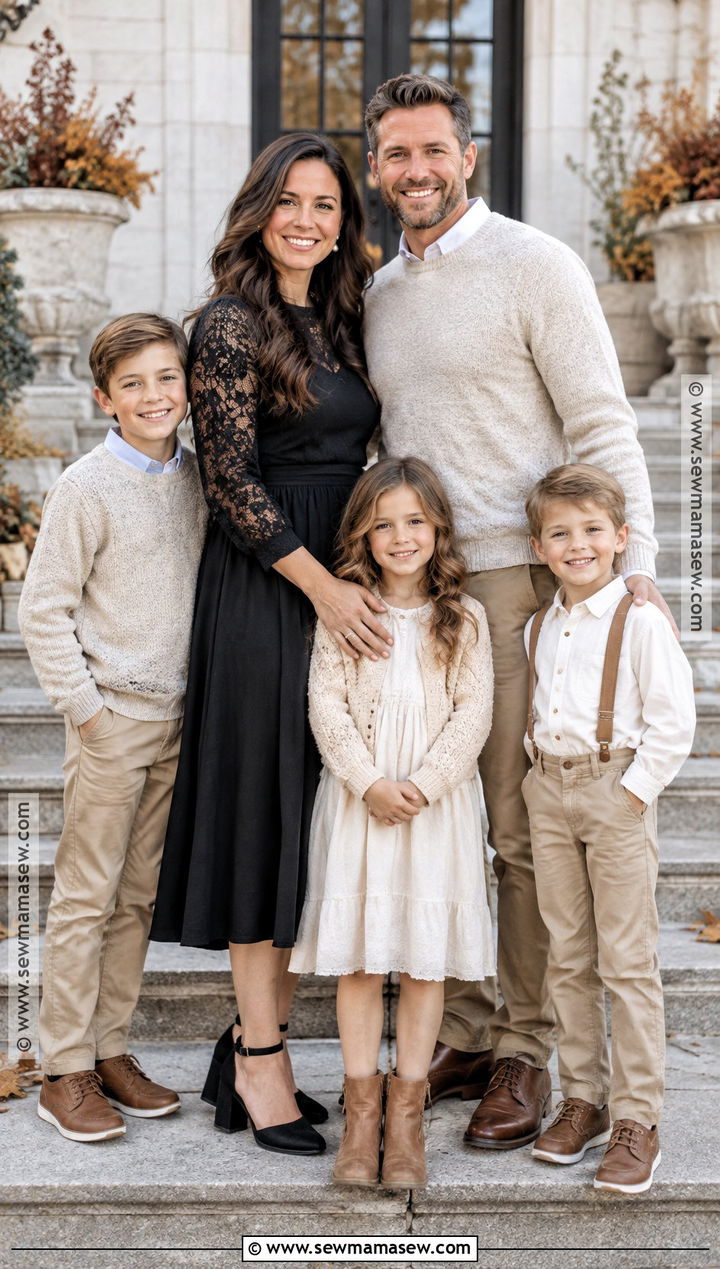 Black Lace Sleeve Dress With Beige Outfits - 15 Black Dress Fall Photoshoot Ideas for Family