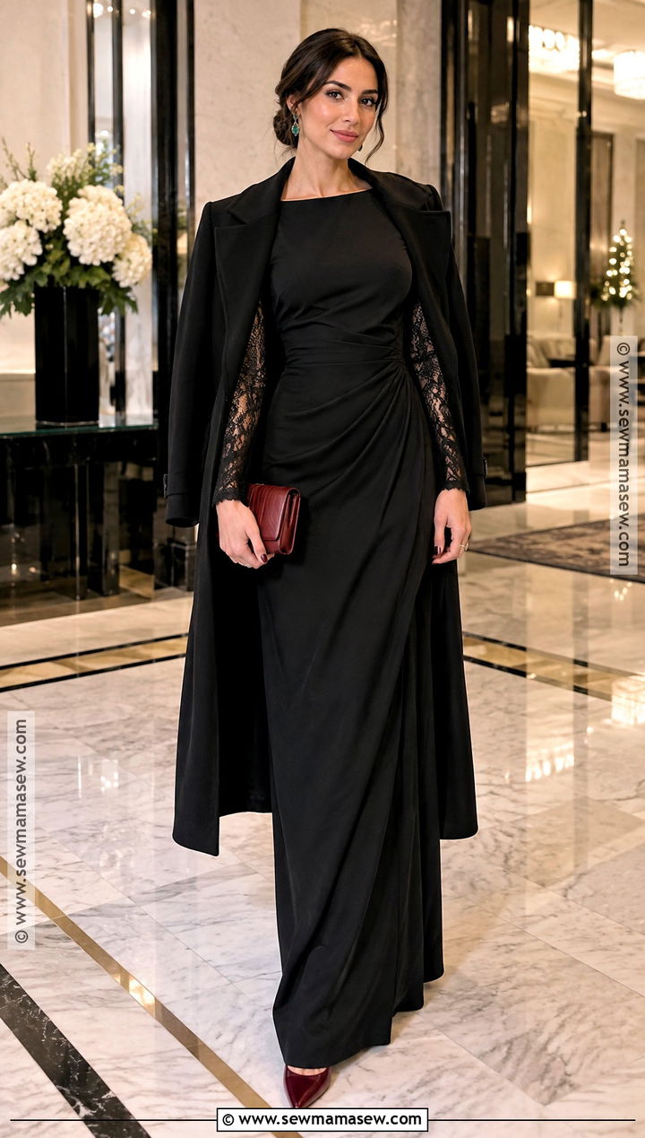 Black Lace Sleeve Evening Dress Outfit - 15 Formal Fall Wedding Guest Outfit Ideas
