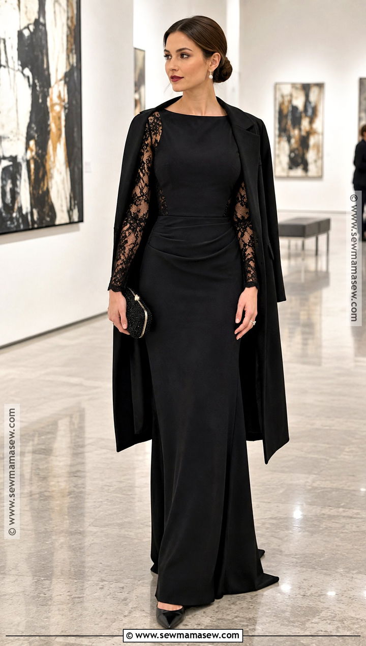 Black Lace Sleeve Evening Gown - 15 fall black tie dress ideas