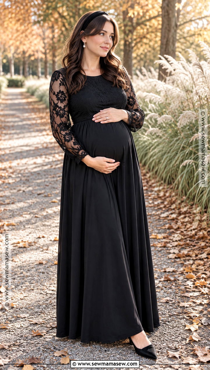 Black Lace Sleeve Maternity Gown - 15 Fall Maternity Shoot Black Dress Ideas