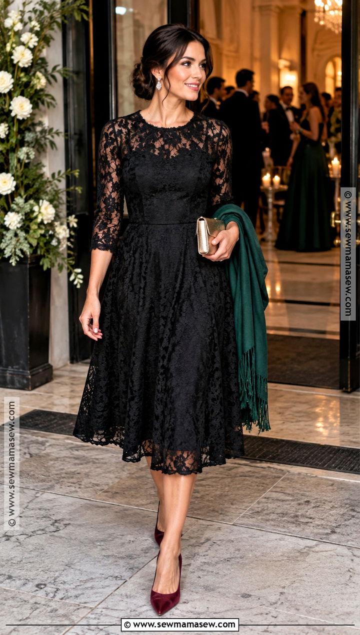 Black Lace Sleeve Midi Dress - 15 fall dresses for wedding guests