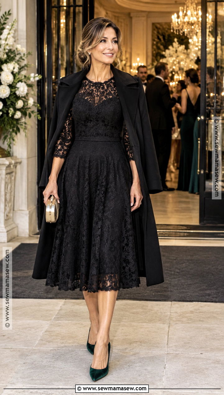 Black Lace Sleeve Midi Wedding Guest Dress - 15 Wedding Fall Dresses Guest