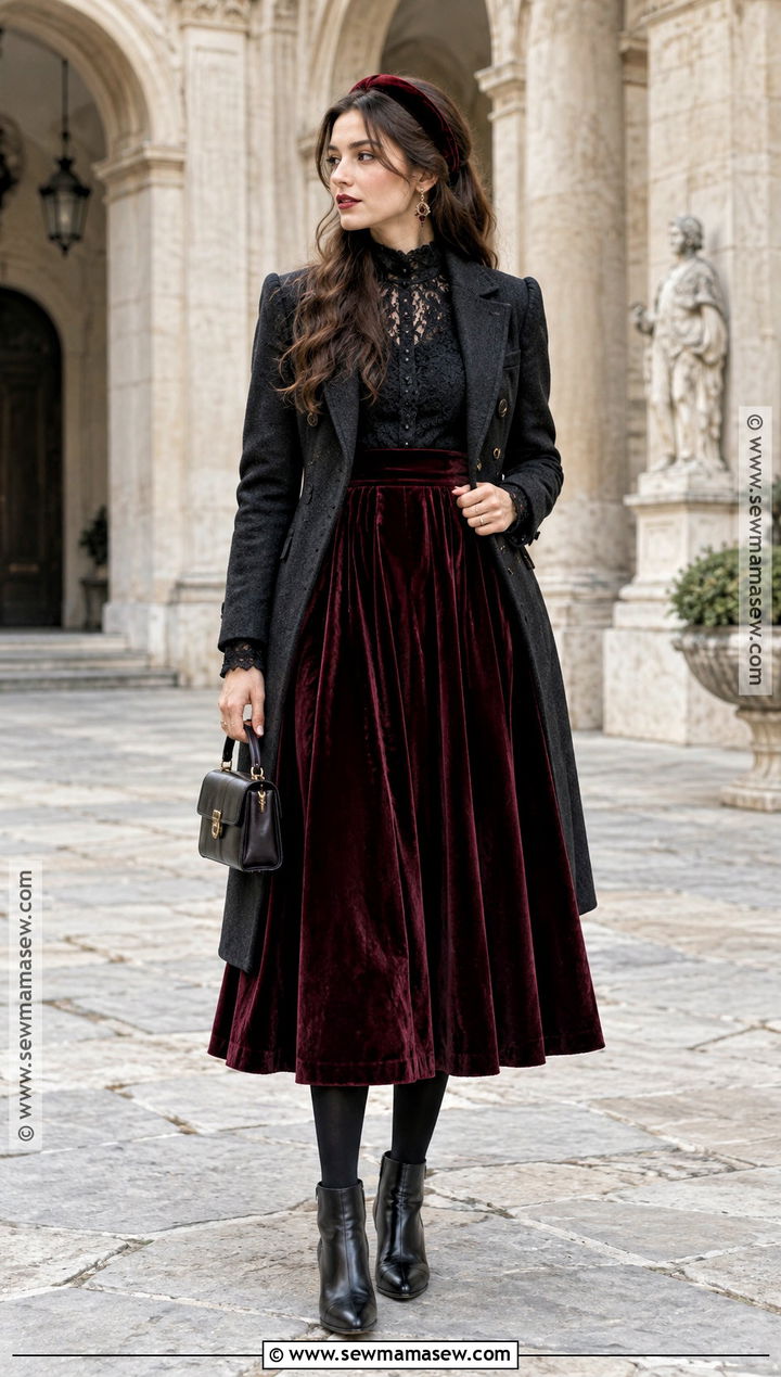 Black Lace Top And Burgundy Skirt Fall Princess Outfit - 15 Fall Princess Outfit Ideas