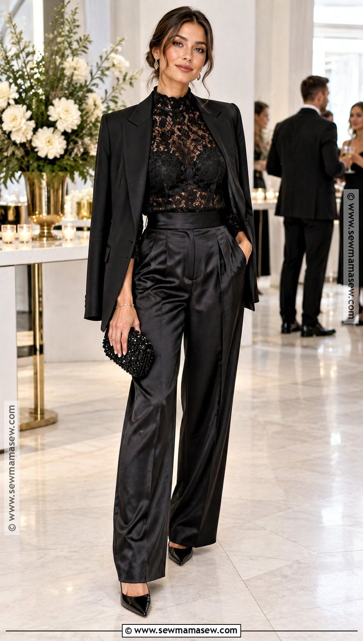 Black Lace Top And Satin Pants Outfit - 15 all black fall outfits going out