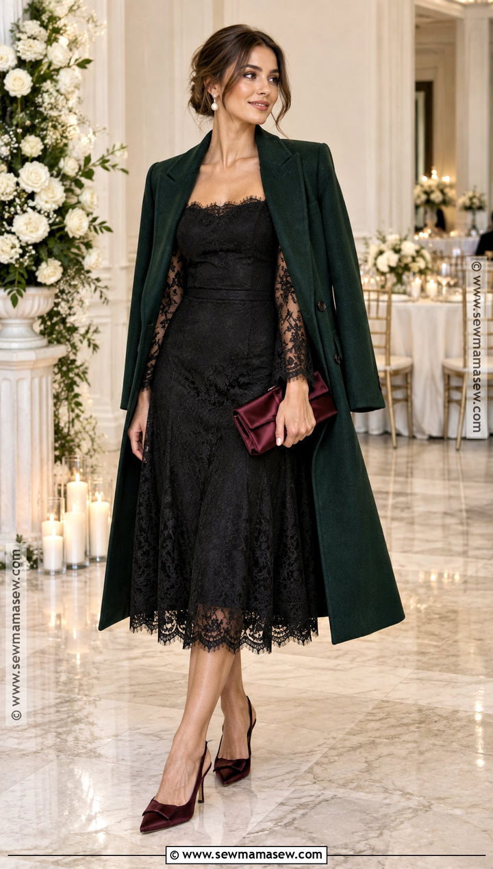 Black Lace Trim Midi Dress Fall Wedding Guest Outfit - 15 Trendy Fall Wedding Guest Outfit Ideas