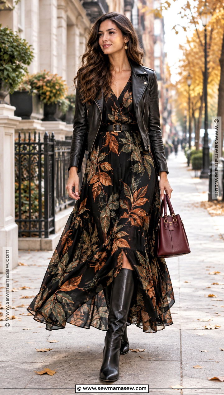 Black Leaf Print Maxi Dress Outfit - 15 Fall Leaf Dress Ideas