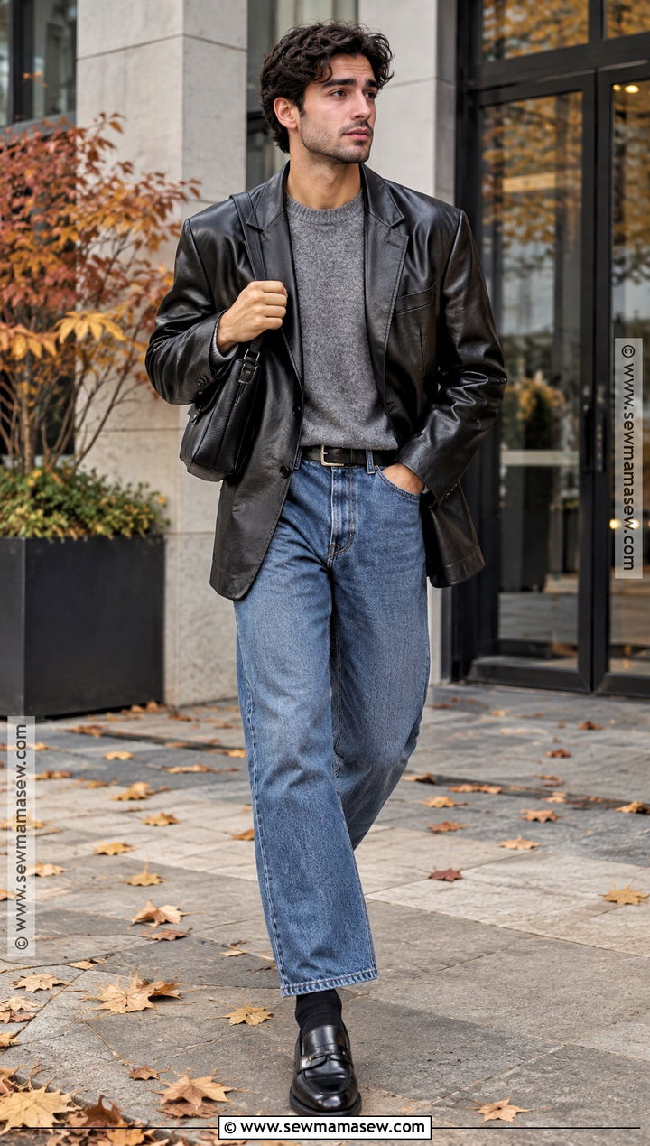 Black Leather Blazer and Blue Jeans Outfit - 25 fall drip outfits for men