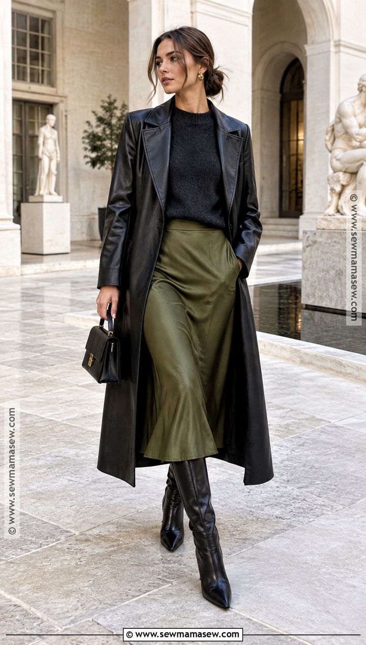 Black Leather Coat With Satin Midi Skirt - 25 autumn coats